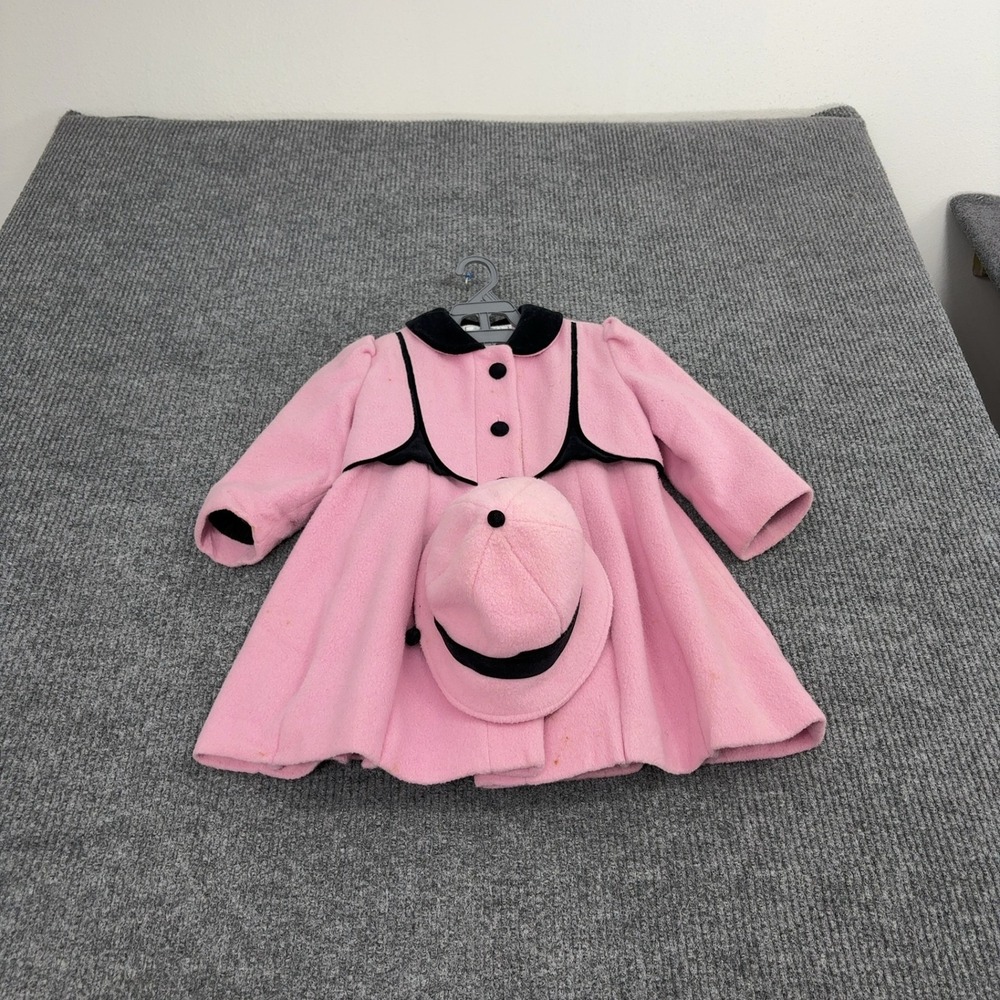 Vintage Rothschild Coat Girls Pink Wool Nylon Hooded Velvet Trim Fit Flare Retro